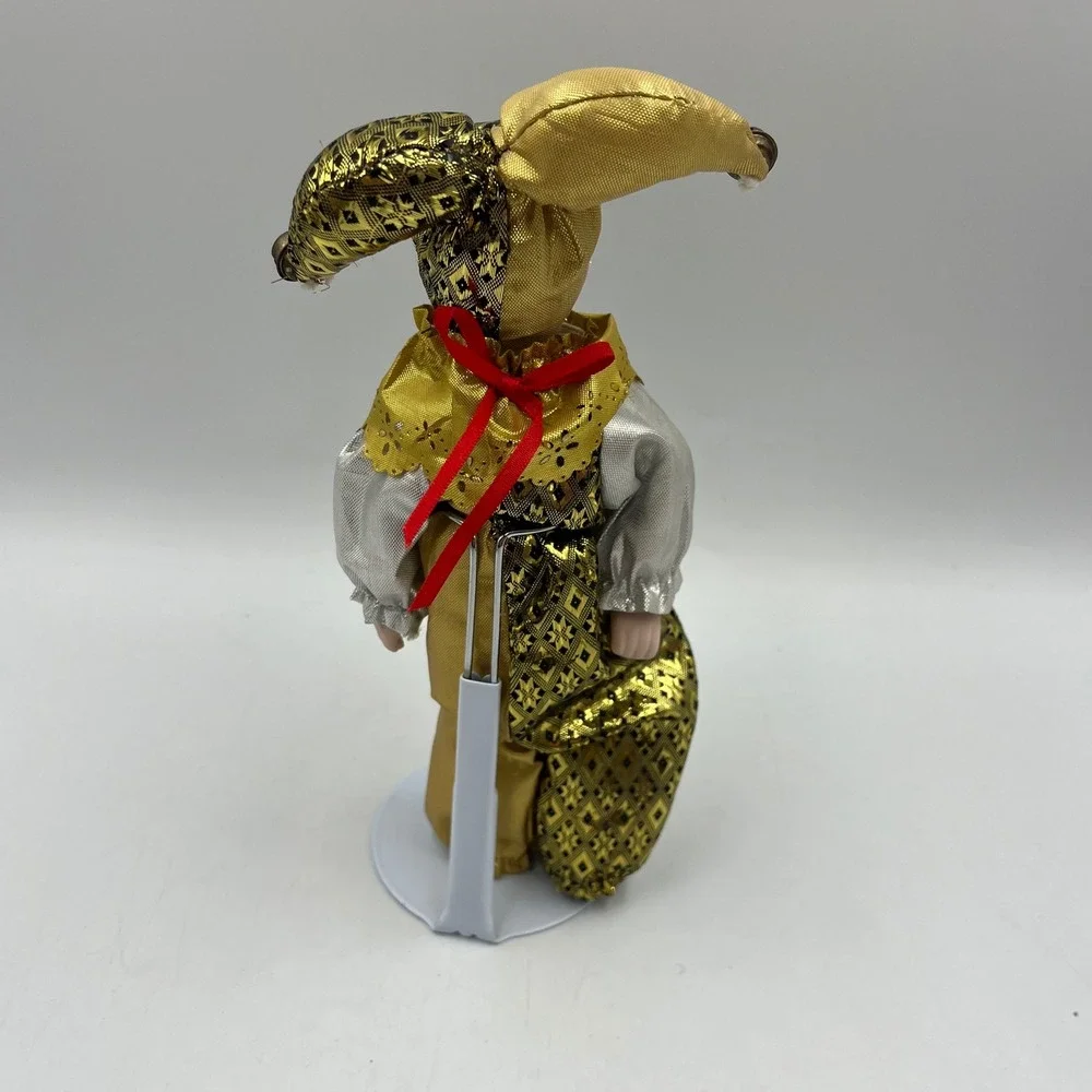 Vintage Porcelain Harlequin Jester Doll Gold Silver Metallic 8.5 Inch with Stand